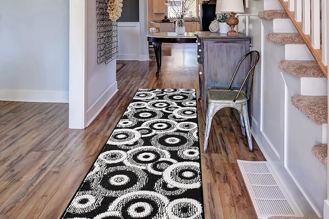 Custom Length Cut to Size Modern Farmhouse Carpet Runner Rug for Hallways, Non Slip Rubber Backed, 31 inch Wide X Customized Length, Geo Black, 31 inch X 23 feet