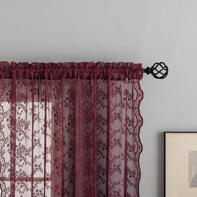 YJ YANJUN Vintage Lace Curtains 90 Inches Long-Victorian Floral Red Burgundy - Image 2