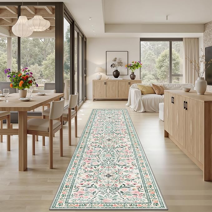PLHXFR 2x5 Washable Runner Rug：Floral Indoor Kitchen Carpet Green Beige | - Image 4