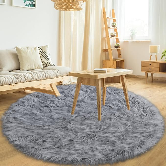 Faux Fur Rug, 5x5 Feet Grey Round Rugs - Image 5