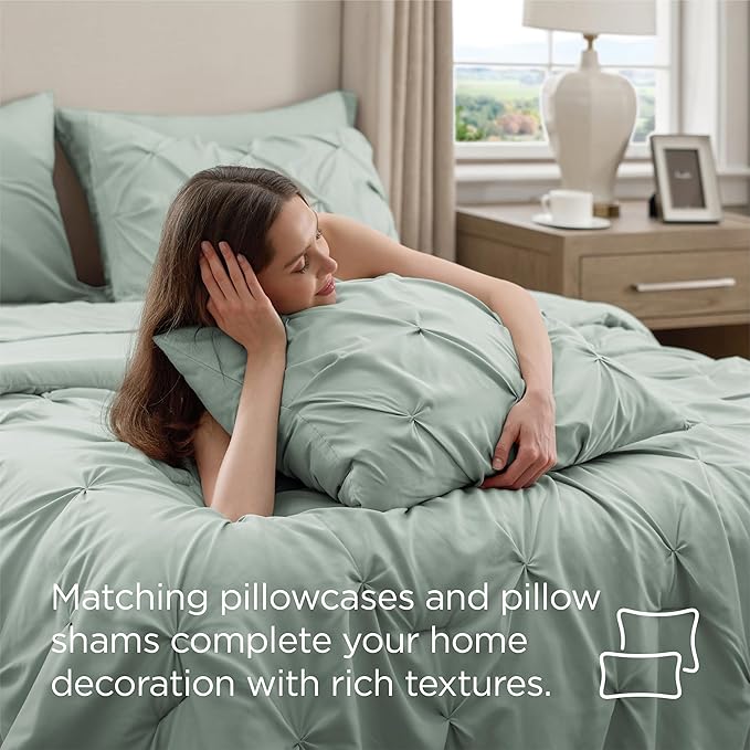 Bedsure Full Size Comforter Sets - Bedding Sets Full 7 Pieces, Pintuck Bed in a Bag Sage Green Bed Set with Comforter, Sheets, Pillowcases & Shams
