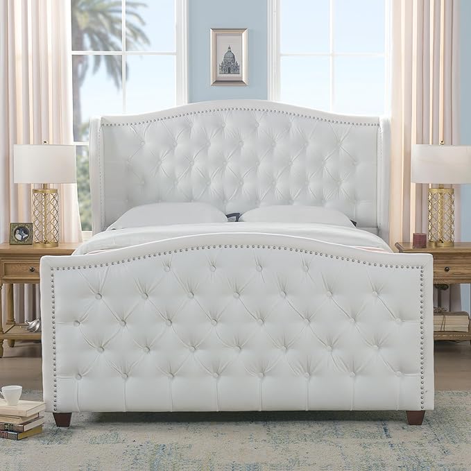 Jennifer Taylor Home Marcella Upholstered Shelter Headboard Bed Set, Queen, Bright White Polyester