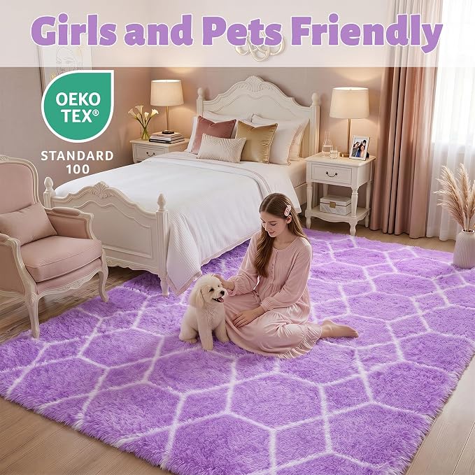 Area Rugs for Bedroom, 4x6 Fluffy Carpet Purple and White Geometric Rug | Boho - Image 3