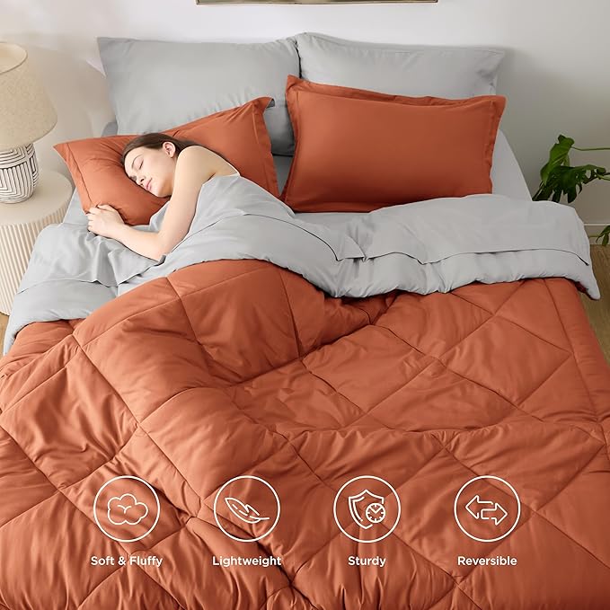 Bedsure Twin Comforter Set - 5 Pieces Reversible Burnt Orange Bedding, Twin Size Bed Set for All Seasons, Bed in a Bag with Down Alternative Comforter, Sheets, Pillowcase & Sham