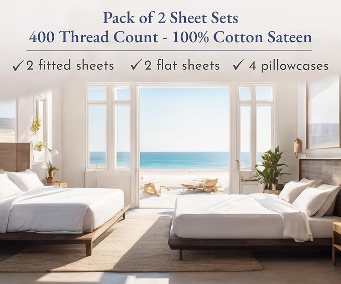 California Design Den 2-Pack King Sheet Set 400 Thread Count 100% Cotton Sateen - Extra Soft, Breathable & Cooling Sheets, Wrinkle Resistant, 2 Sets of Deep Pocket King Sheet Set Cotton - Light Grey