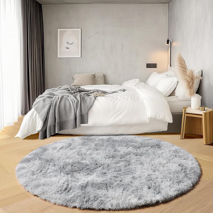 Tie-Dyed Light Grey Round Area Rug 4ft, Ultra Soft Bedroom Circle Rugs - Image 3