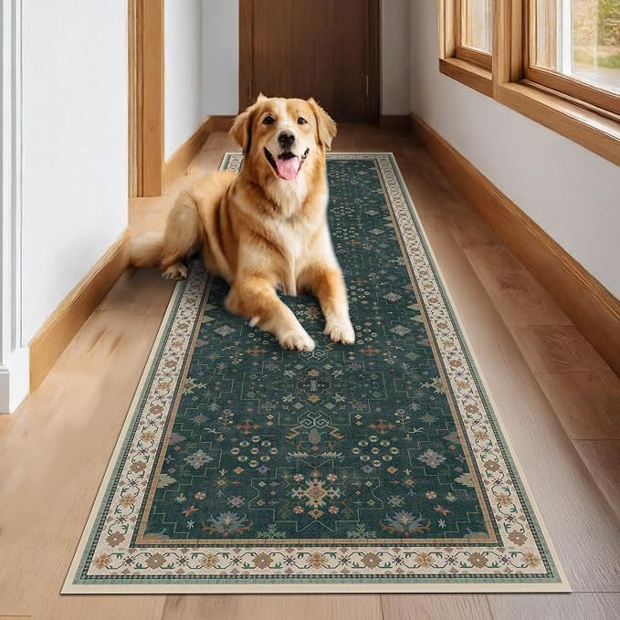 Dark Green Washable Kitchen Runner Rug, Stain Resistant Rugs - Image 4
