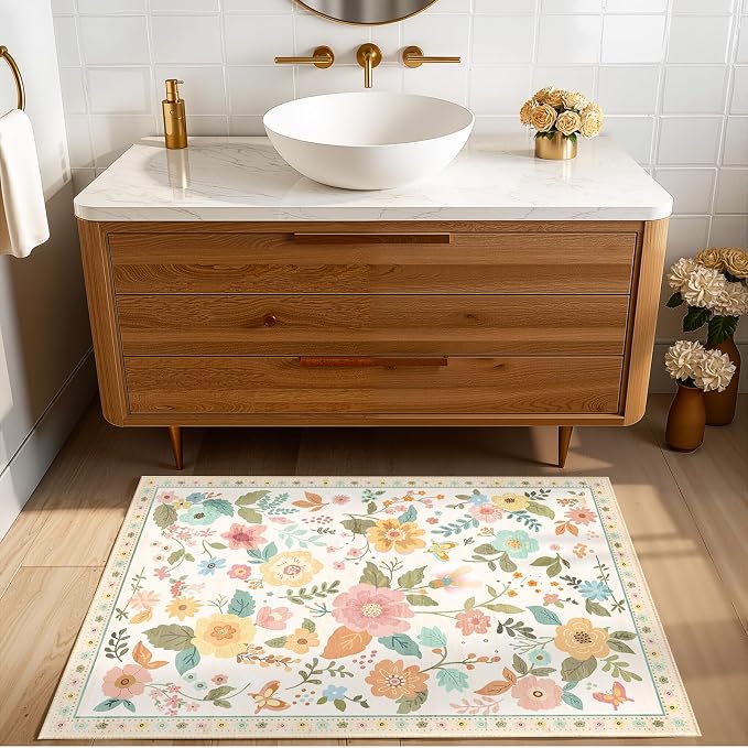 RELEANY Floral Washable 2x3 Area Rugs Doormat Beige/White/Orange | Flower - Image 8