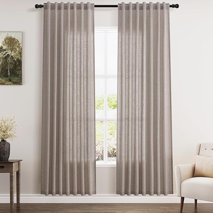 Brownish Grey Linen Curtains for Living Room 80 Inch Length Back Tab Light by Nanspring