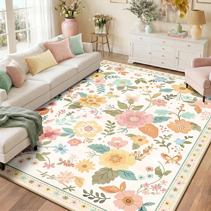 RELEANY Floral Washable 9x12 Area Rugs Beige/White/Orange | Flower Carpet Print by RELEANY