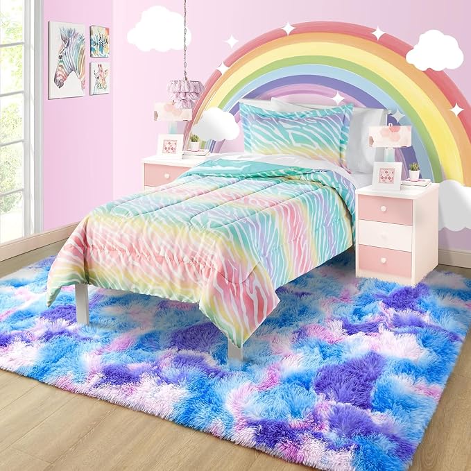 Noahas 6x9 Large Tie-Dyed Blue Purple Pink Fluffy Area Rug Non-Slip - Image 2