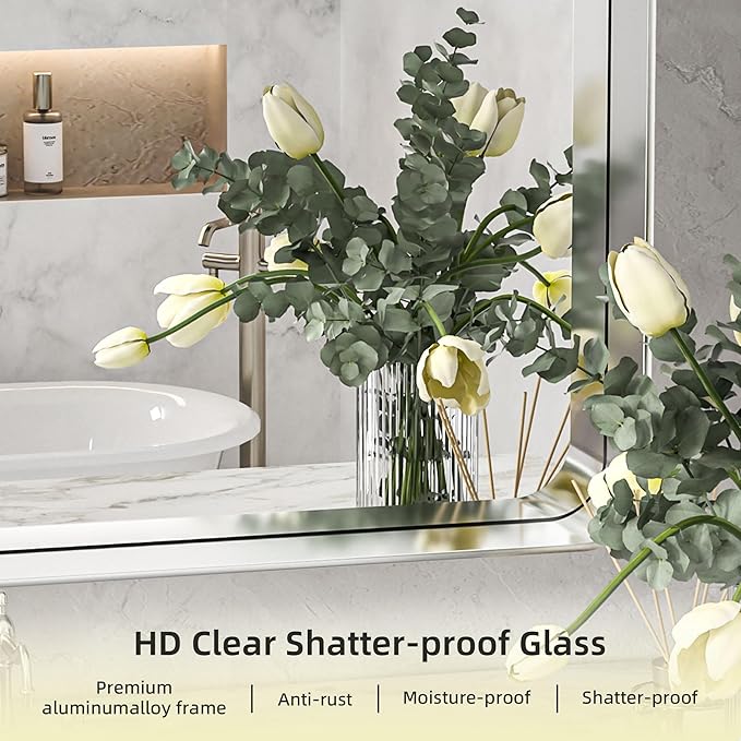 Hasipu Brushed Silver Bathroom Mirror 63x35 Inch Rounded Rectangle Vanity Mirror Metal Framed Wall Mirrors Anti-Rust Surface Mount (Hangs Horizontal or Vertical)