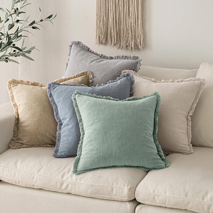 MIULEE Linen Fringe Decorative Euro Throw Pillow Covers Light Blue 26x26 | Set - Image 6