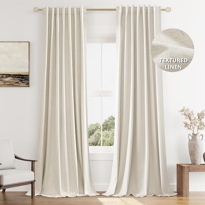 100% Blackout Linen Curtains 144 Inch Length 2 Panels Set by Guken