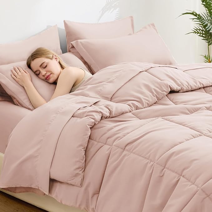 Love's cabin Twin XL Comforter Set Blush Pink, 5 Pieces Twin XL Bed in a Bag, All Season Bedding Sets with 1 Comforter, 1 Flat Sheet, 1 Fitted Sheet, 1 Pillowcase and 1 Pillow Sham