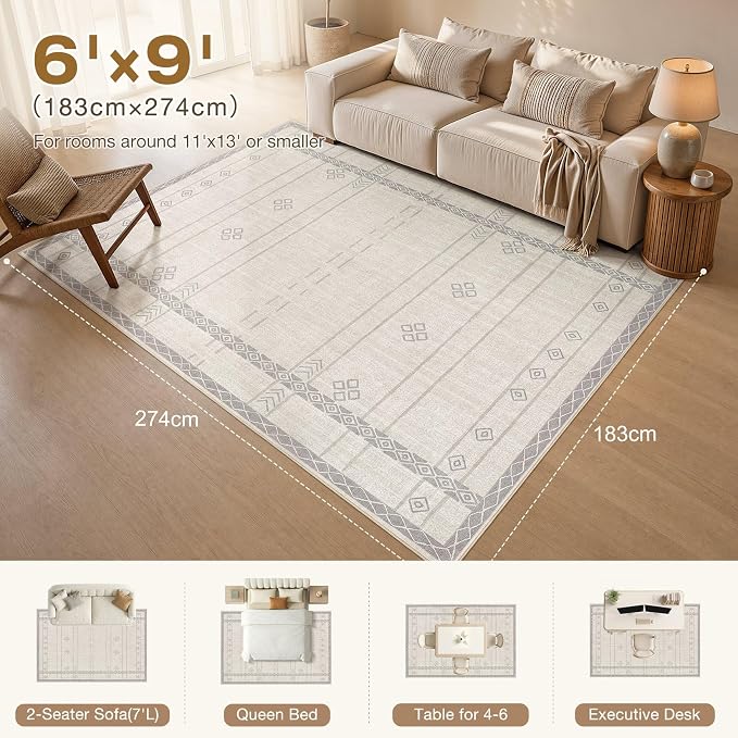 cotiled 6x9 Area Rugs for Living Room: Boho Washable Rug for Dining Room | - Image 2