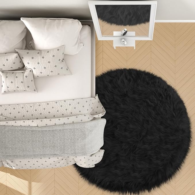 Faux Fur Black Round Rug 4ft for Bedroom, Plush Shaggy Circular Rug for Nursery - Image 7