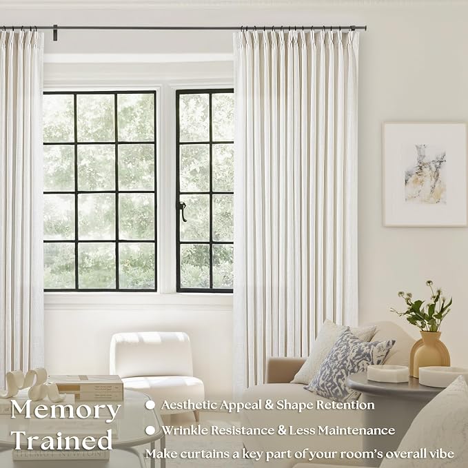 102 Inch Curtains Pinch Pleat Linen Curtains Natural 2 Panels | Light Filtering - Image 2