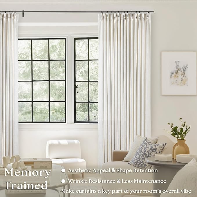 90 Inch Pinch Pleated Linen Textured Curtains 2 Panels, Natural | Pinch Pleat - Image 2