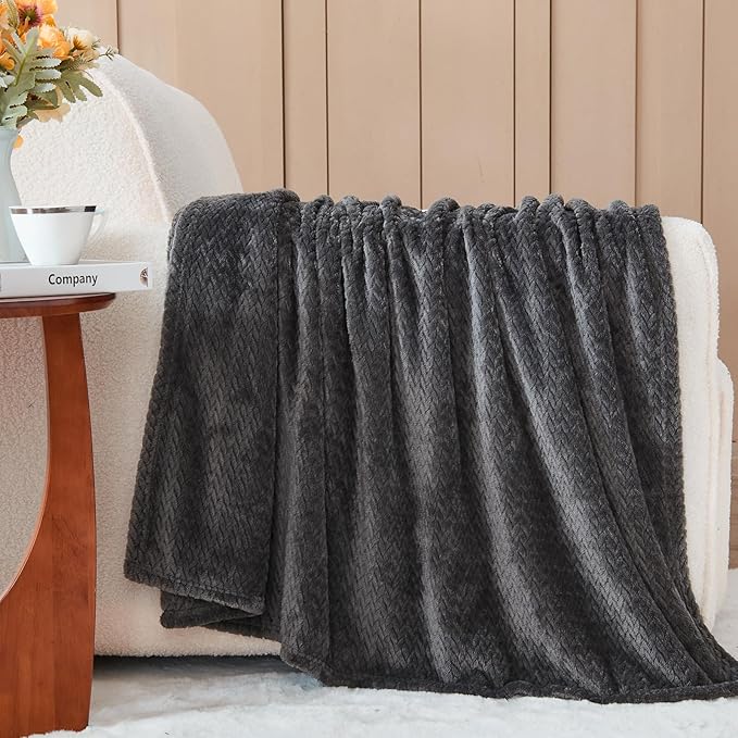 NEWCOSPLAY Super Soft Throw Blanket Dark Grey Premium Silky Flannel Fleece Leaves Pattern Lightweight Bed Blanket All Season Use (Dark Grey, Throw(50"x60"))