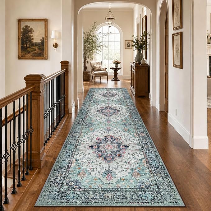 RELEANY Washable Area Rug, Runner 3'x10', Teal Green/White/Navy | Non-Slip by RELEANY