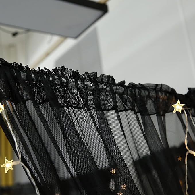 Akiky Canopy for Girls Room Bed Curtains Elegant Sheer Curtain for Twin Full Queen King Size Bed Drapes,8 Panels Canopies with Light,Room Décor(Full/Queen,Black)