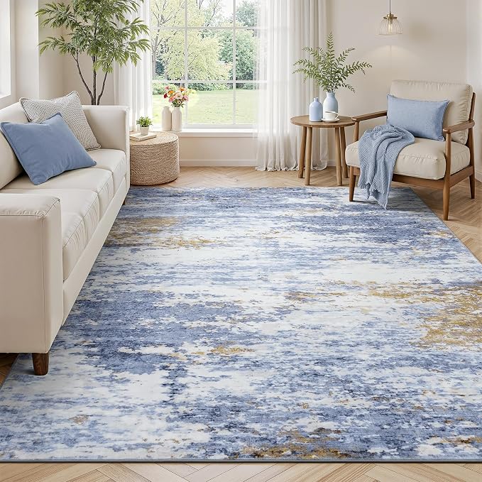 5x7 Area Rug for Living Room, Abstract Washable Non-Slip Rugs, Light Blue | by Lofus