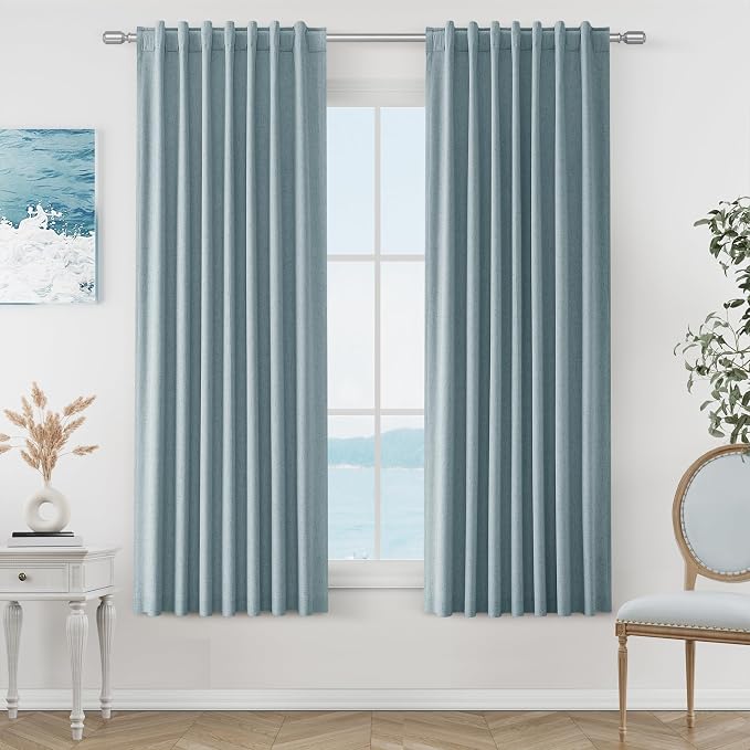 Blue 100% Blackout Linen Curtains 63 Inch Length 2 Panels Set by Guken
