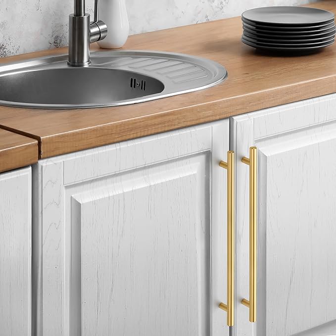JOY DECOR 20 Pack Cabinet Handles, Gold Cabinet Pulls, 10 in Hole Center Kitchen Cabinet Handles, Stainless Steel T Bar Handles for Dresser Drawers