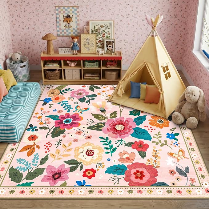 RELEANY Floral Washable Square 8ft Area Rug Pink | Flower Carpet Print Boho - Image 9