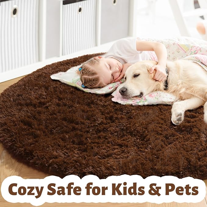 Amdrebio Chocolate Brown Shaggy Round Area Rug 5Ft - Image 2