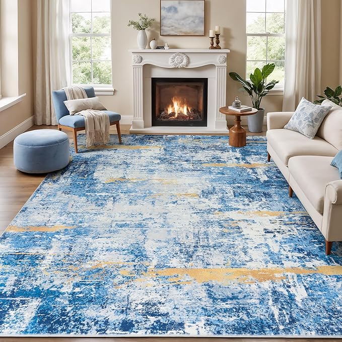 Rugflix 8x10 Area Rugs for Living Room, Washable Sky Blue Gold Large Rug | by RugflixAreaRugs