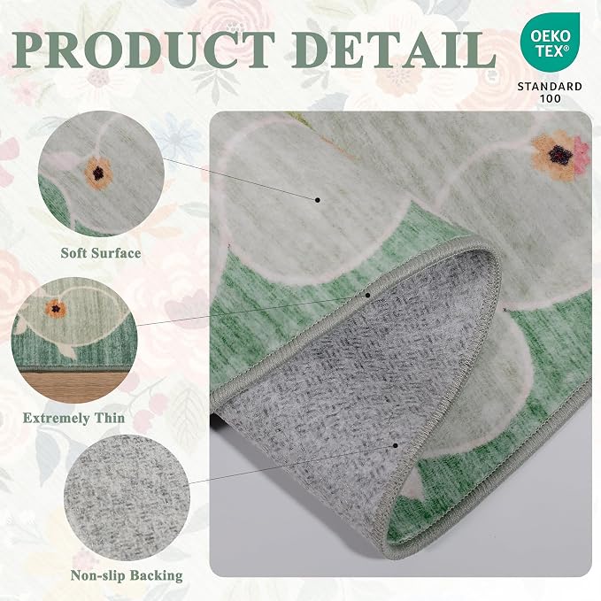 DUKINO 5ft Round Rug, Non Slip Floral Washable Small Circle Rug, Low Pile - Image 5