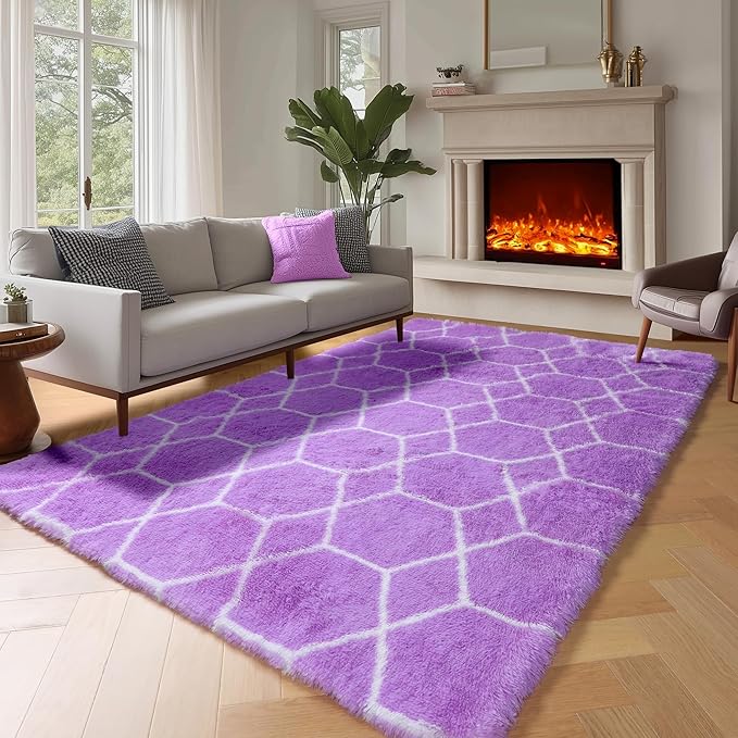 5x7 Area Rugs for Living Room Bedroom, Fluffy Purple and White Trellis Rug | by ONASAR