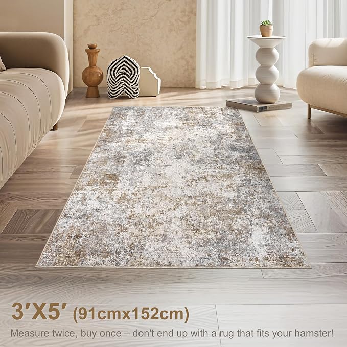 UERMEI 3x5 Entryway Area Rug Washable Neutral Brown Grey Small Carpet | Modern - Image 3