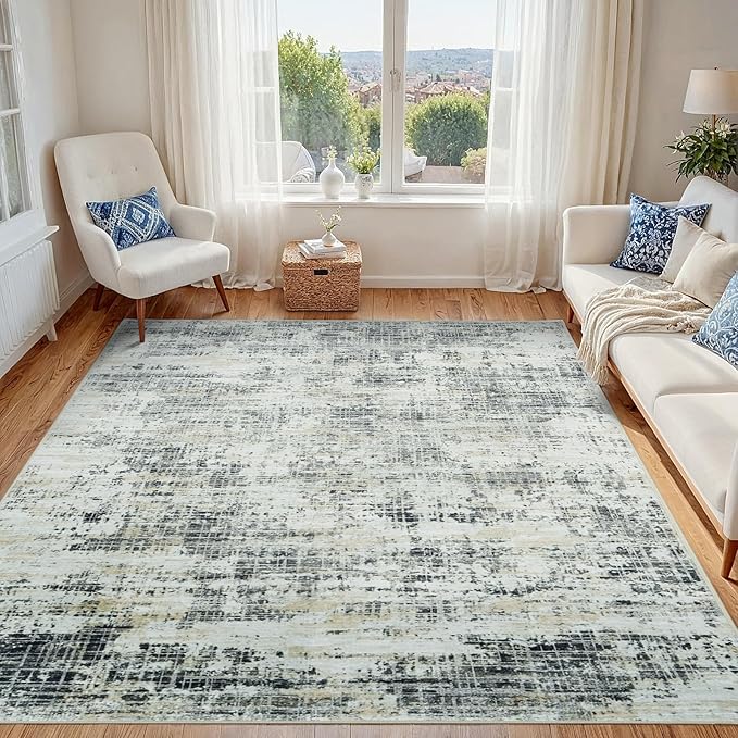 5x7 Washable Area Rug for Living Room Bedroom: Non-Slip Modern Black Gray | by Oriannal