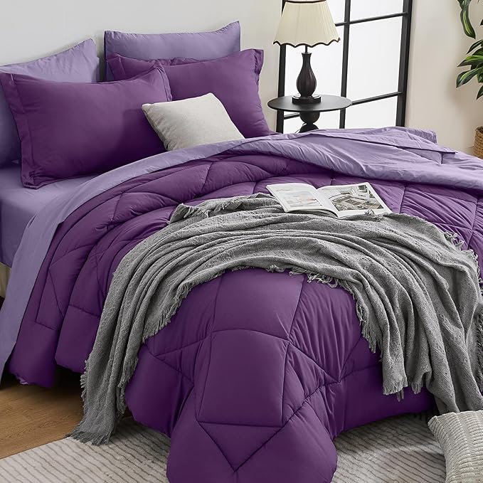 HEVUMYI Purple & Light Purple Cali-King Comforter Set - 7-Piece All Season Bed in a Bag Cali-King, Ultra Soft Bedding Set with Comforter, Flat Sheet, Fitted Sheet, Pillowcases, Pillow Shams
