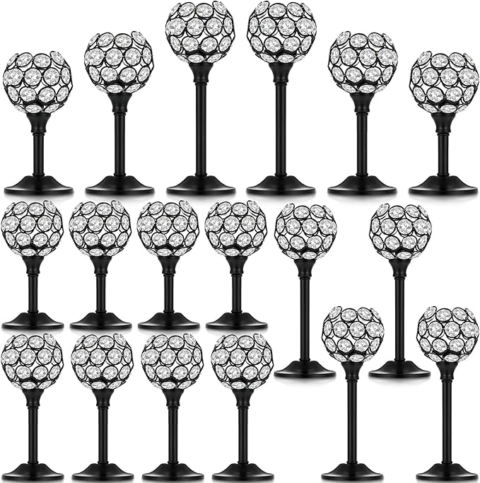 Qunclay 18 Pieces Crystal Candle Holders Bulk Candle Stick Holder Centerpieces for Table Wedding Centerpieces Crystal Decorative Tealight Dining Table Decor for Party(Black)