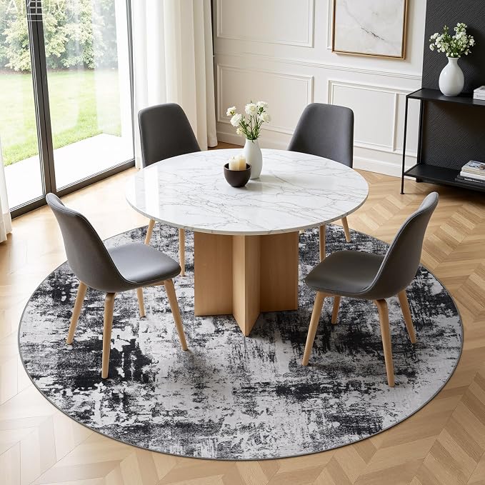 Rugflix Round Area Rugs 6Ft for Living Room, Washable Black Grey Circle Rug | - Image 2