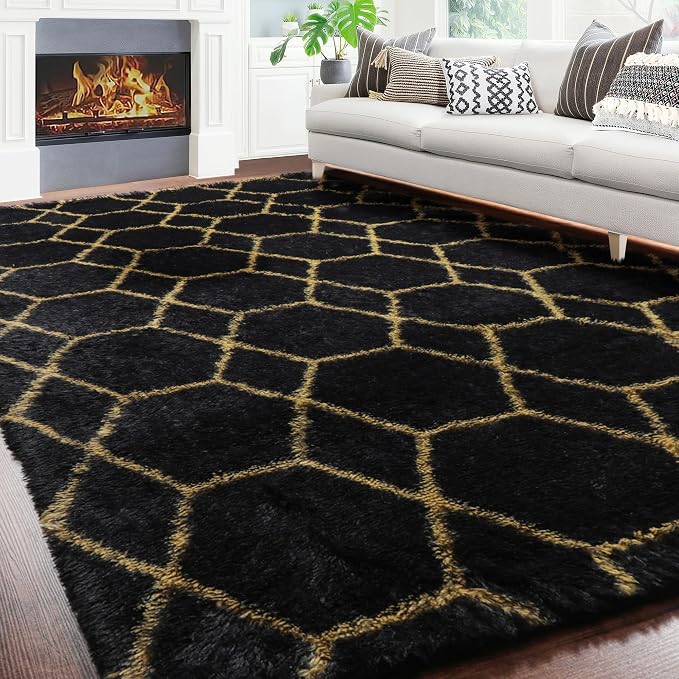 7x9 Area Rugs for Living Room Bedroom, Fluffy Black and Gold Geometric Rug | by ONASAR