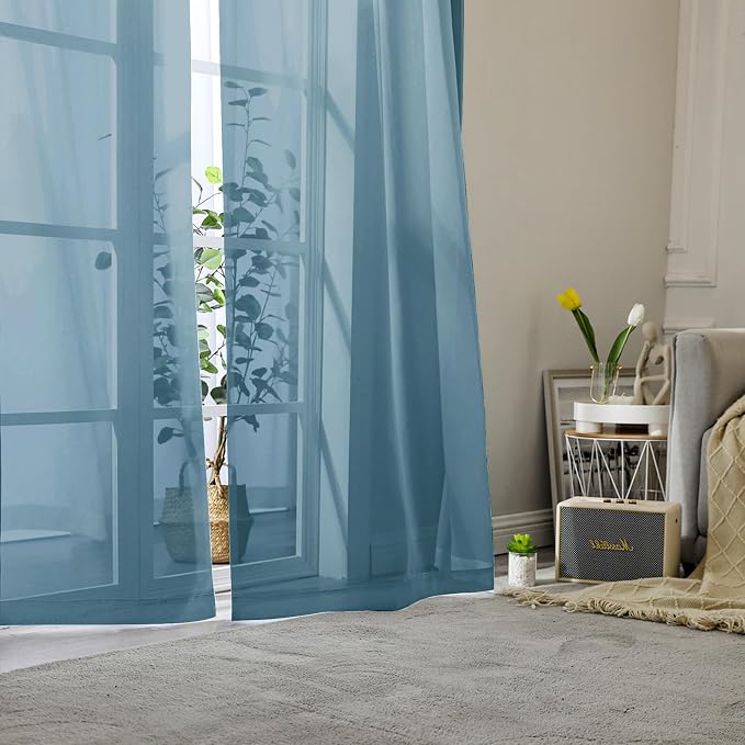 Dusty Blue Sheer Curtains 90 Inches Long 2 Panels, Light Filtering Breathable - Image 2