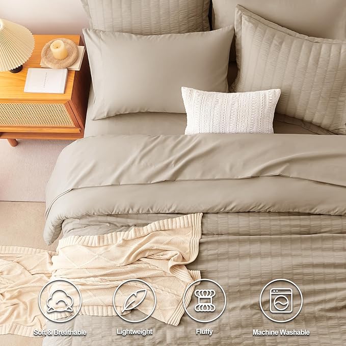 CozyLux Queen Comforter Set Taupe Seersucker 7 Pieces Bed in a Bag Queen Comforter Set with Sheets, Luxury Soft Bedding Set with Down Alternative Comforter, Sheets, Pillowcases & Shams for All Seasons