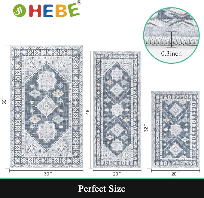 HEBE Boho Kitchen Rugs Set of 3, Non Slip Washable Kitchen Mats - Image 2
