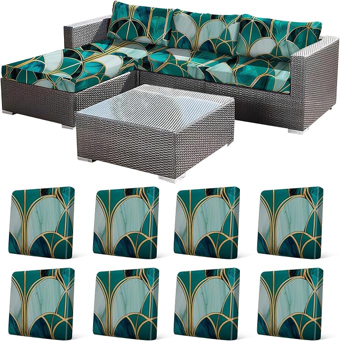 CALBODE 8Pcs Stretch Patio Cushion Cover, Art Deco Geometric Pattern Couch & by CALBODE