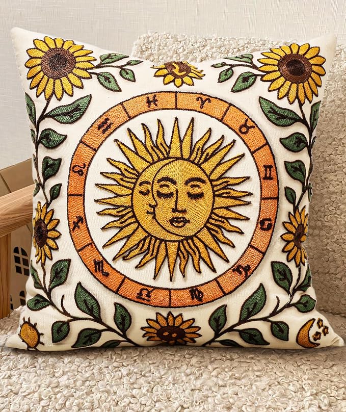 Embroidered Throw Pillow Cover 20x20 Inch, Sunflower Moon | Decorative Pillow by Kokaaee