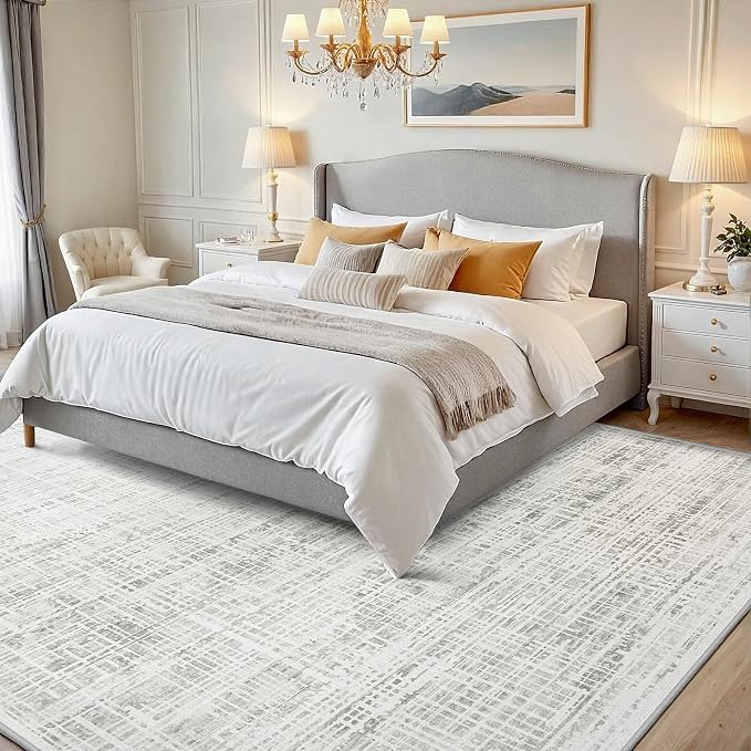 5x7 Washable Area Rug for Living Room Bedroom: Non-Slip Modern White Gray | - Image 2