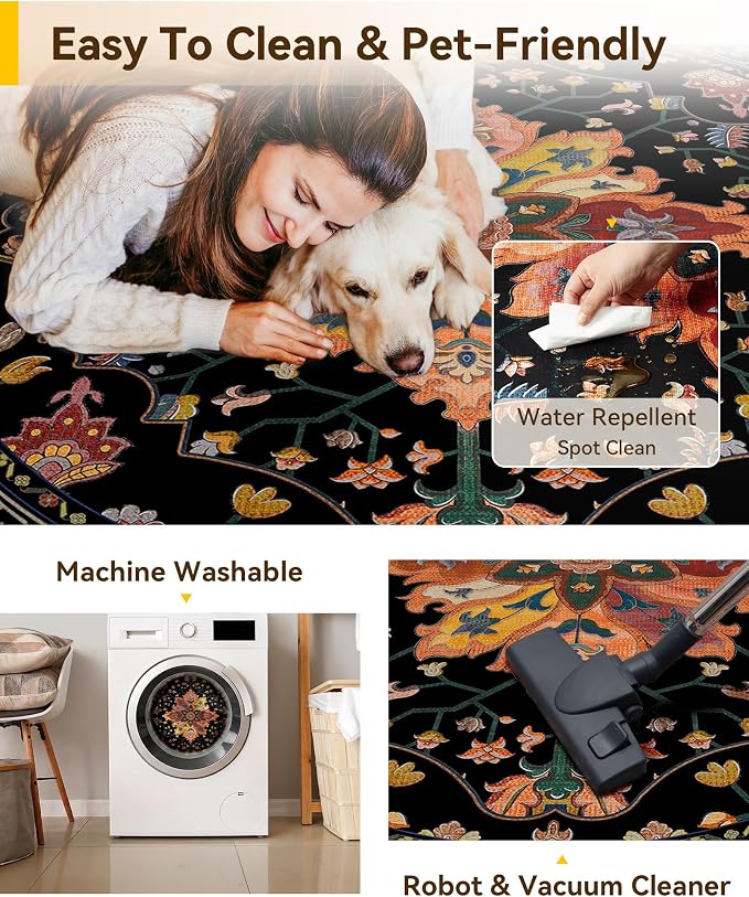 RELEANY Washable Area Rug, Round 6ft, Water Repellent, Pet Friendly, Vintage - Image 5