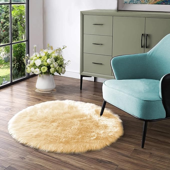 Latepis Yellow Rug for Bedroom Circle Faux Sheepskin Fur Round Rugs 5ft Furry by Latepis