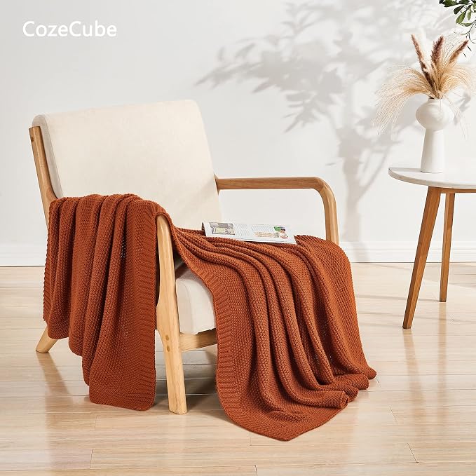 CozeCube Burnt Orange Seed Stitch Throw Blanket 60"x80", Farmhouse Decor | - Image 5