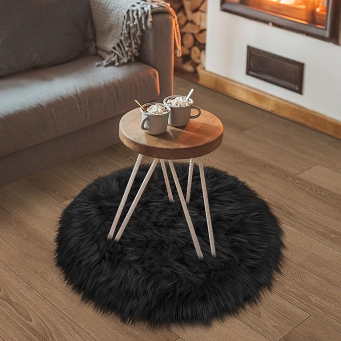 Small Black Round Rug 2ft for Bedroom, Faux Fur Fluffy Circle Rug Furry Carpet by TENNOLA